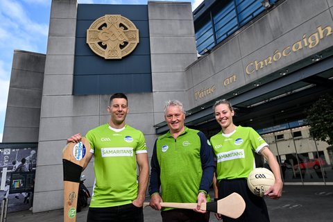 Limerick hurler Dan Morrissey, former Galway hurler Iggy Clarke, and Dublin Ladies footballer Nicole Owens marking 10 years of Samaritans as the GAA mental health partner