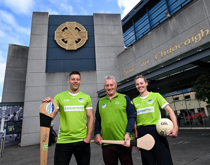 Limerick hurler Dan Morrissey, former Galway hurler Iggy Clarke, and Dublin Ladies footballer Nicole Owens marking 10 years of Samaritans as the GAA mental health partner