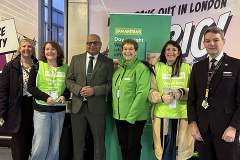 Derby Samaritans welcome Baggy Shanker MP to their Brew Monday stand on Derby Station 2026