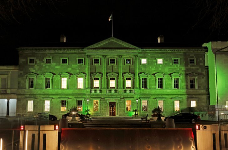 Leinster House Dublin lit green for the Longest Night