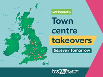 A graphic that says "Town centre takeovers. Believe in Tomorrow" with an illustrated map of the UK showing dots where there will be town centre takeovers as part of the 2024 TCS London Marathon
