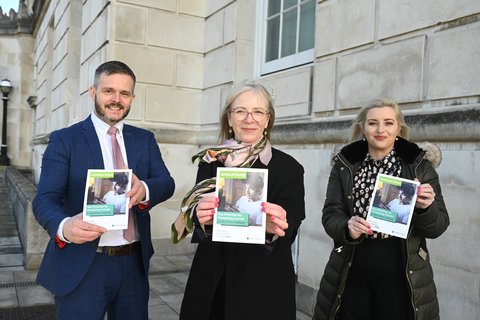 UUP candidate Robbie Bulter, Sinn Fein's Orlaithi Flynn and Ellen Finlay, Policy & Development Officer with Samaritans in Northern Ireland, launch Samaritans Policy Asks for Assembly Elections.