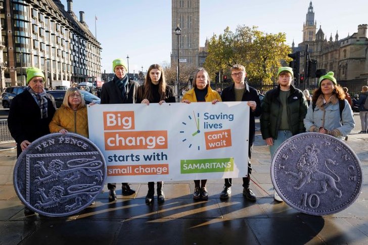 Samaritans, supported by various stakeholders, in Parliament Square calling on The Treasury to fully fund local suicide prevention - just £1.40 per person