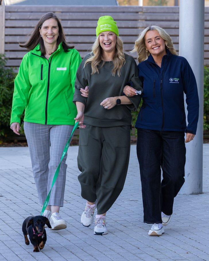 Sarah O'Toole, Samaritans Ireland, Broadcaster Laura Woods, and Aisling Ryan, Village Vets, launching Walkies for Wellbeing