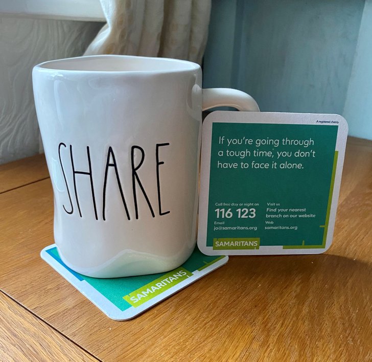 "Share" cup and Sams drink mats small
