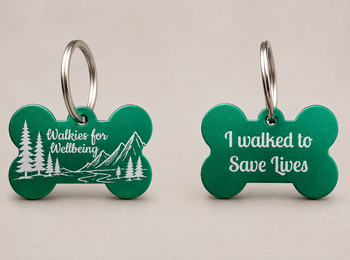 Front and back of Walkies for Wellbeing Dog Tag.