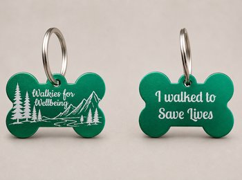 Front and back of Walkies for Wellbeing Dog Tag.