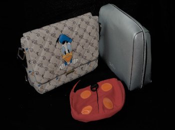 Photo of some handbags in a Donald Duck one